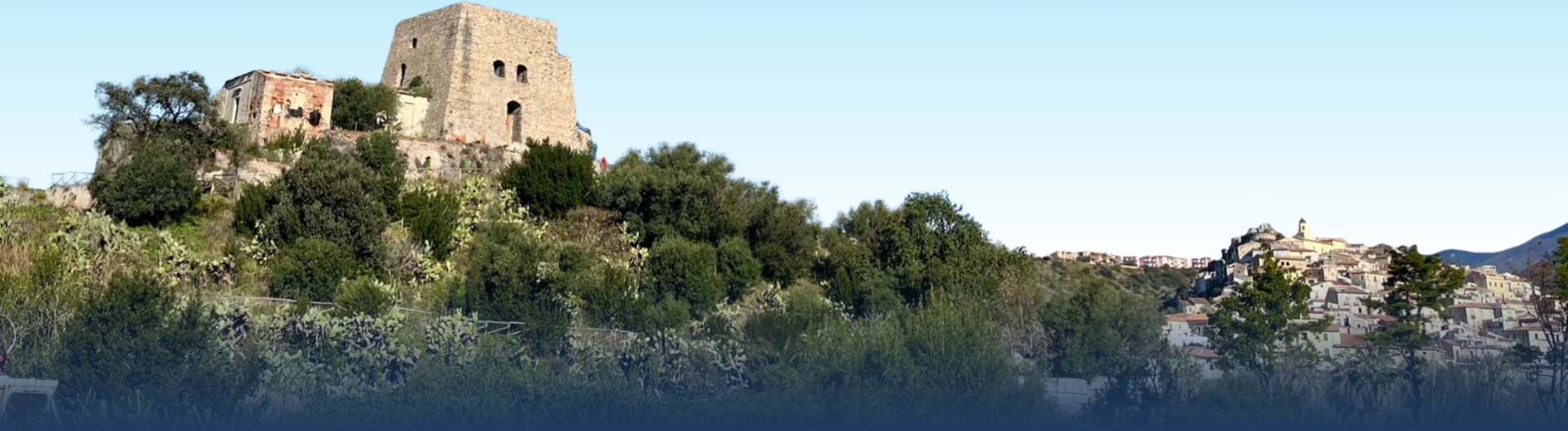 Antica torre in pietra su una collina, circondata da vegetazione e case.